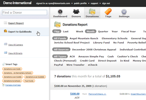 Export data from Donor Tools to QuickBooks